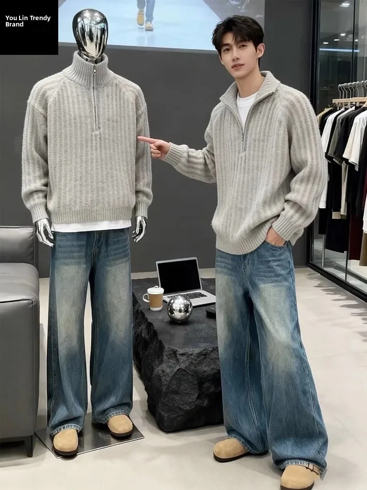 

Korean Sle Thiened High Collar Men's Knitted Sweater Winter Warm Stand Collar Inner Wear Slim Fit Casual Long Sve