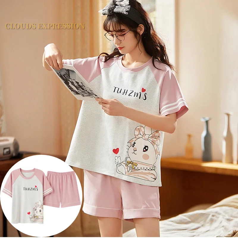 Summer new Women Pyjamas Cartoon Pajamas Sets Sleepwear Casual Nightwear Pijama Mujer Shorts short sleeve M-2XL home clothes set