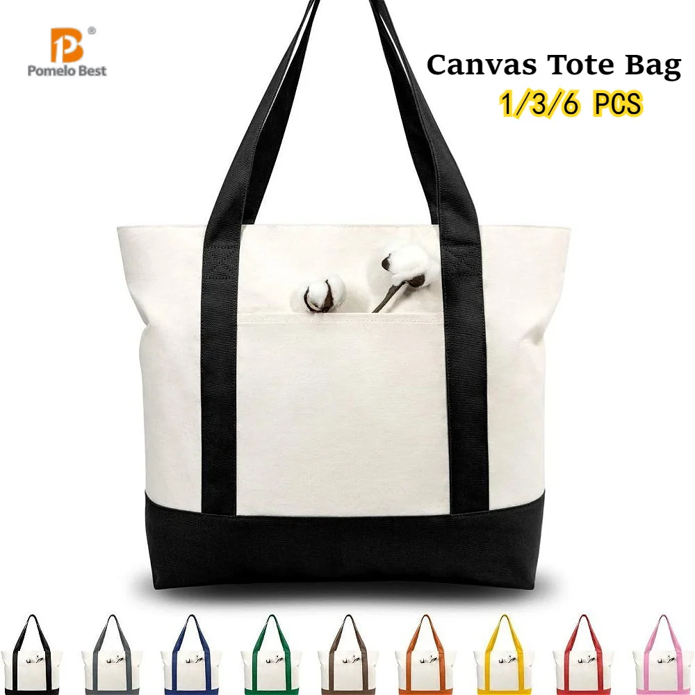 

1/3/6PCS Canvas Tote Bag with an External Pocket DIY Beach Bag for Party Wedding Favors Daily Reusable Grocery Shopping Bag