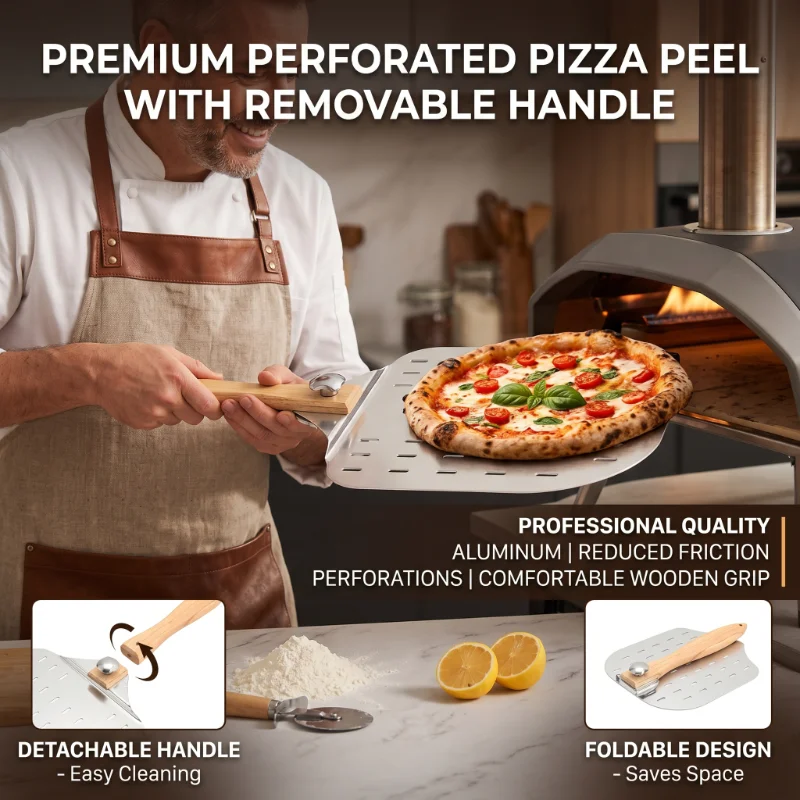 Baking Tool Perforated Pizza with Detachable Rubber Wood Handle Lightweight Aluminum Detachable Pizza Shovel Transfer Tools