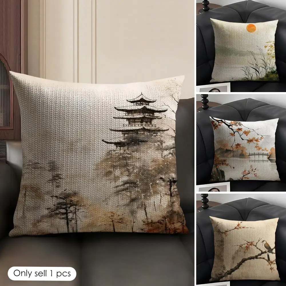 Funda de cojín Zen Zen con diseño de paisaje tranquilo, lino natural, tela orgánica, impresión a doble cara, transpirable, regalo para decoración