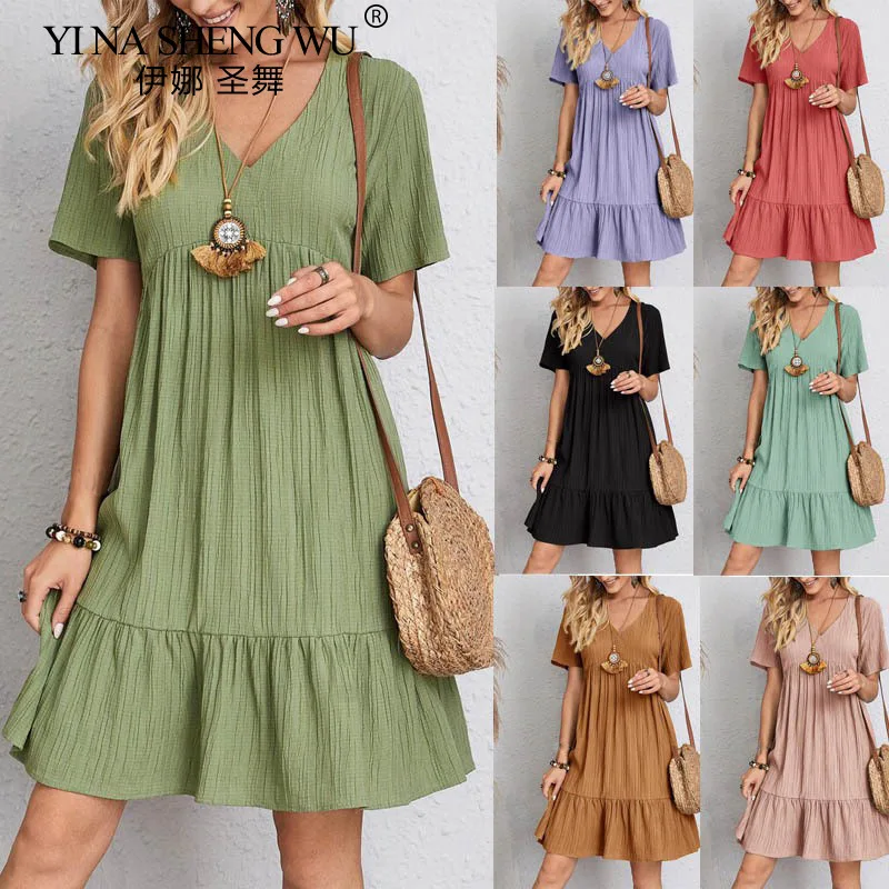 Women's Casual Solid V-Neck Ruffle A-Line Summer Dress
