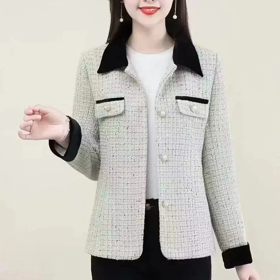 

Elegant Cropped Tweed Jackets Women 2024 Spring Short Wool Blend Coats Plaid Lapel Small Fragrance Jacket Female Outerwear 6XL