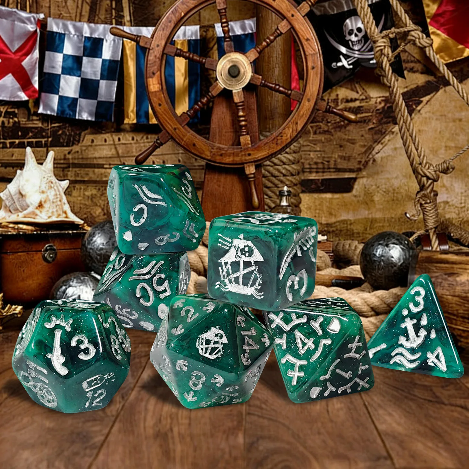 Pirate Green Resin Polyhedral Dice Set, 7PCS Anchor Skull Dice for DND RPG Board Games