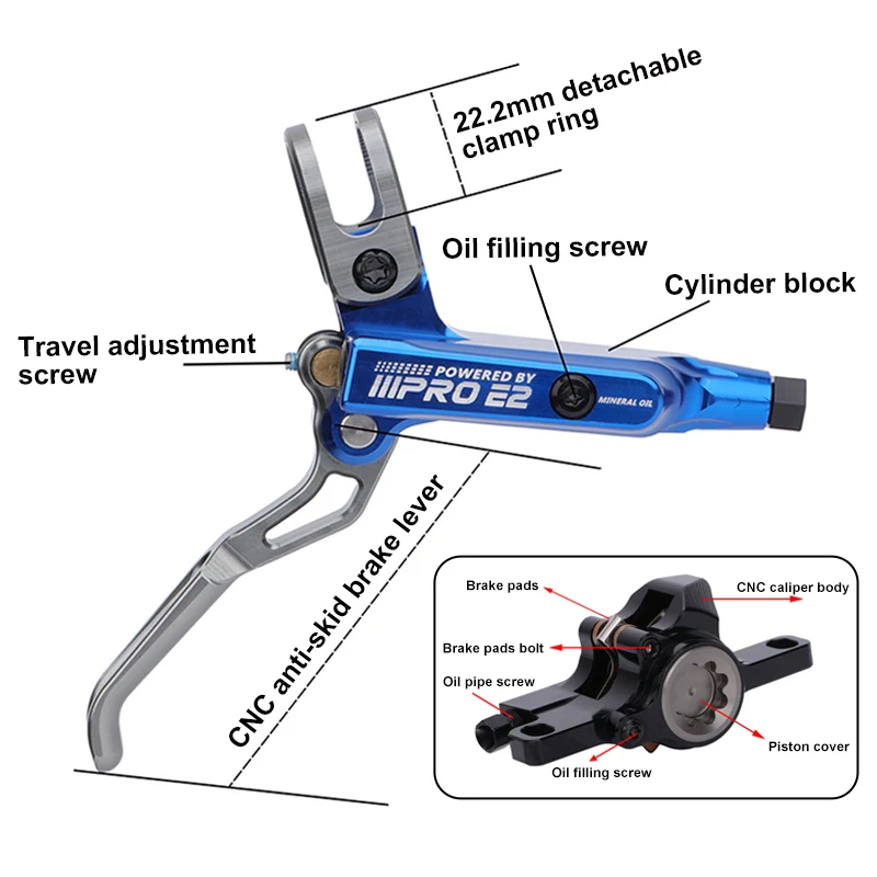 Bicycle Hydraulic Disc Brake 2 Piston MTB Brake Caliper IIIPRO E2 Mountain Bike Brake Oil Pressure 800/1550mm Front Rear Brake