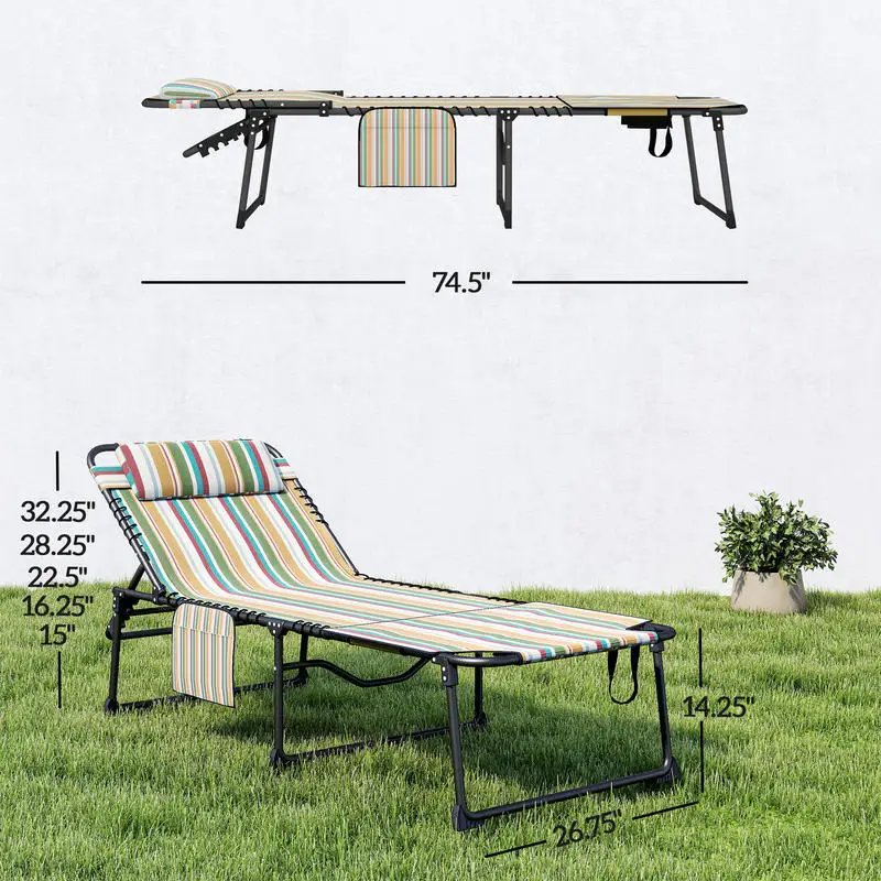 2 Piece Folding Chaise Lounge Pool Chairs with 5-level Reclining Back, Reading Hole, Side Pocket, Rainbow Striped view 8