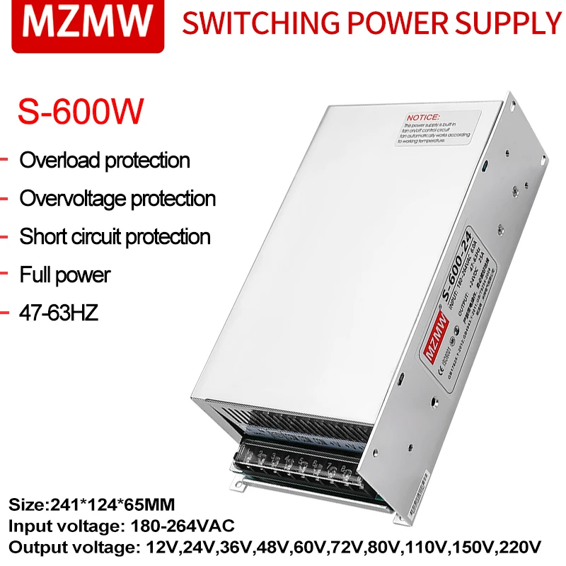 MZMW S-600 Switching Power Supply 600W 5V 12V 15v 24V 36V 48v 60V 72V 80V 110V AC To DC Led Driver Transformer Converter SMPS