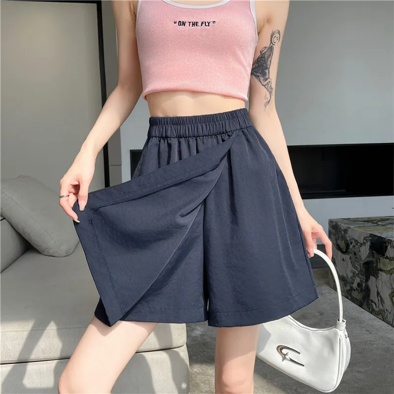 Solid Color Five Pants Female False Two Pieces Homemade Casual Versatile Irregular Personality Design Sense Skirt Pants Shorts