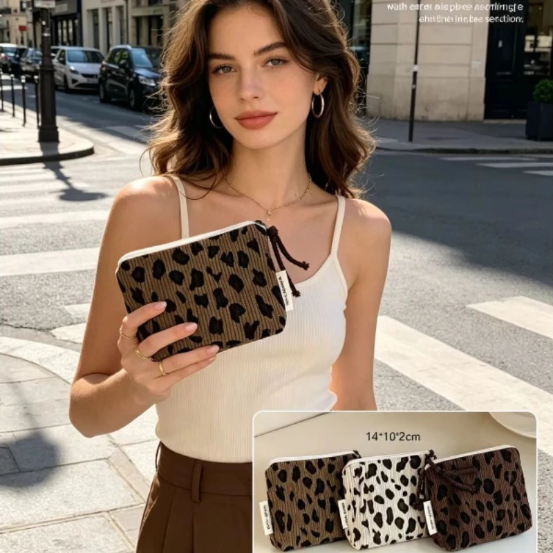 

[Suxi Cloth Bag] Retro Fashion Trend Leopard Print Corduroy Change Bag Mini Zipper Small Cloth Bag Monthly Bag