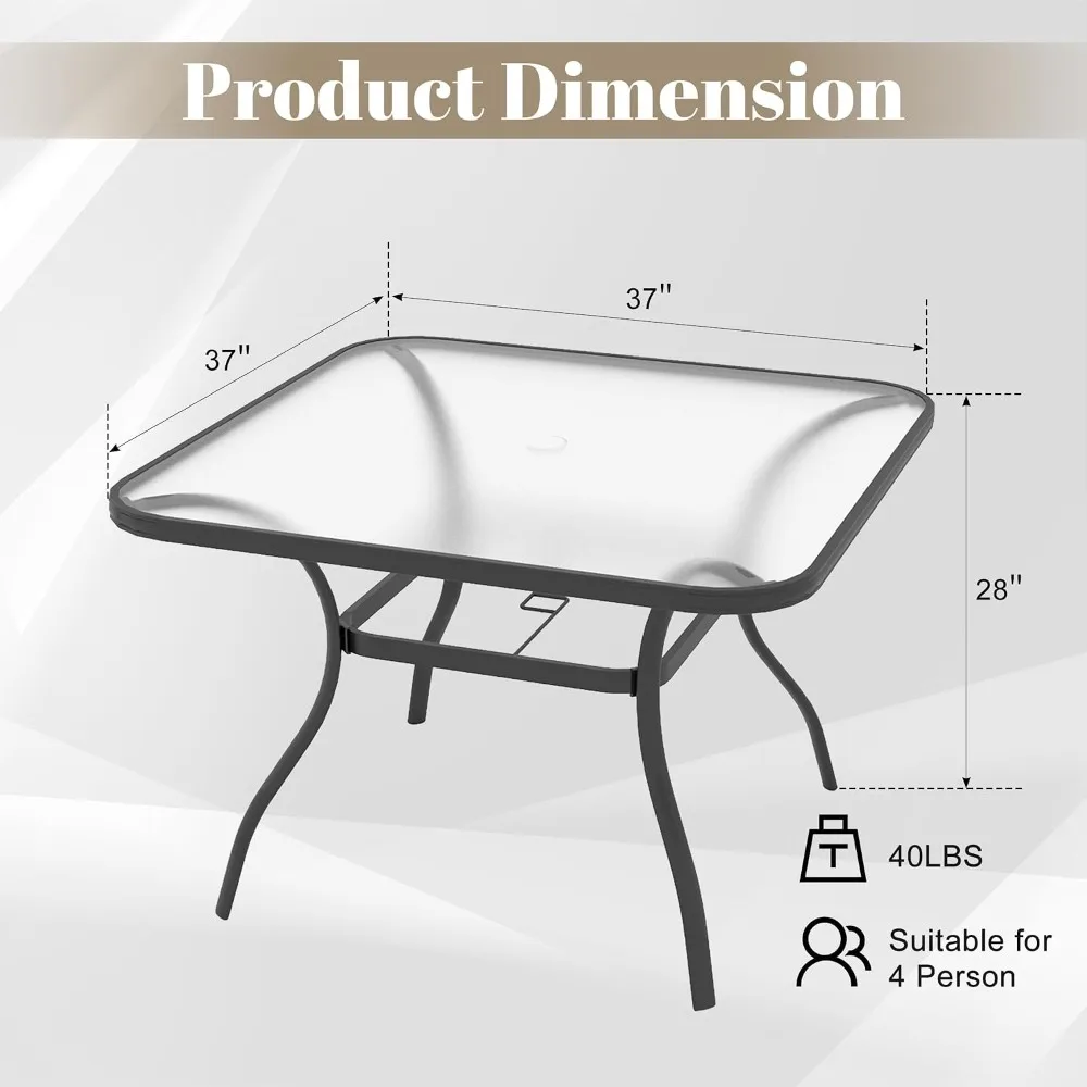 37 inch Outdoor Dining Table with Tempered Glass Top and 1.7 inch Umbrella Hole