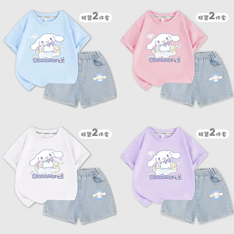 Sanrioed Cinnamoroll Boy Girl Short Sleeve Shorts Two Piece Cartoon Cotton T-Shirt Denim Shorts Casual Fashion Kids Summer Suit