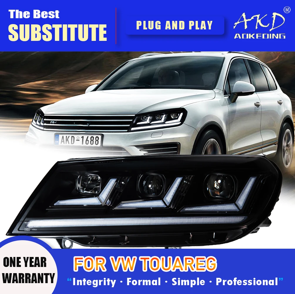 

Фара AKD для VW Touareg, светодиодная фара 2016-2019, фары Touareg DRL, указатель поворота, дальний свет, линза проектора «ангельский глаз»