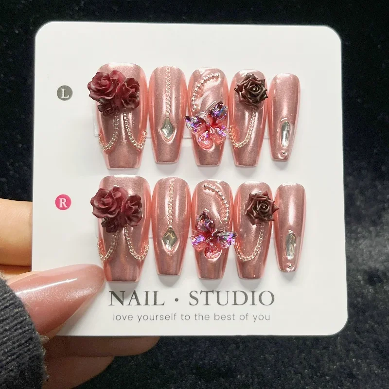 10 STKS Rose Goud Druk op Nagels 3D Bordeaux Roos Fonkelende Vlinder Decor Medium Doodskist Nep Nagels Metallic Ketting Nail Tips Art
