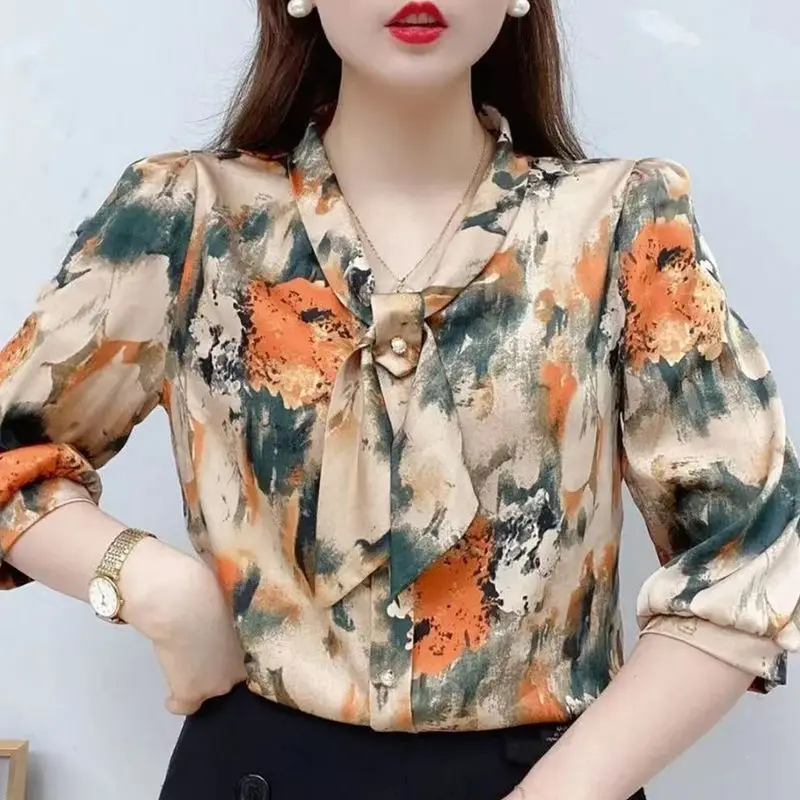 Spring Autumn Women's Pullover Scarf Collar Drawstring Leopard Pattern Chiffon Lantern Long Sleeve T-shirt Fashion Casual Tops