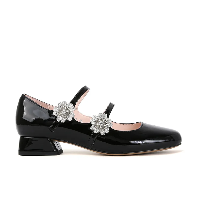 2024 New Spring Korea Flats Fashion Mary Jane Shoes Square Toe Women\'s Shoes Retro Rhinestone Flower PU Red Black Women Pumps