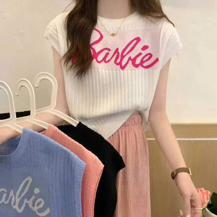 kawaii Anime Cartoon Barbie Crew Nneck Sweater Loose Short Sleeve Bottoming Shirt Sleeveless Tops Vest Summer Women Clothes