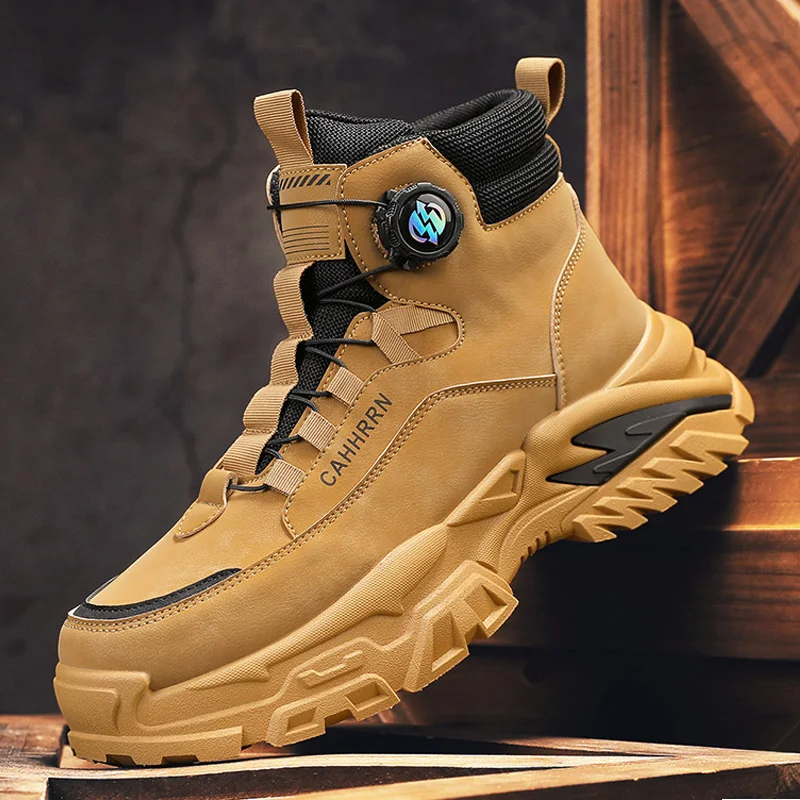 British Style Biker Boots Men Winter Street Platform Leather Motorcycle Boots Men Fashion Knob Casual Yellow Men's Ankle Boots