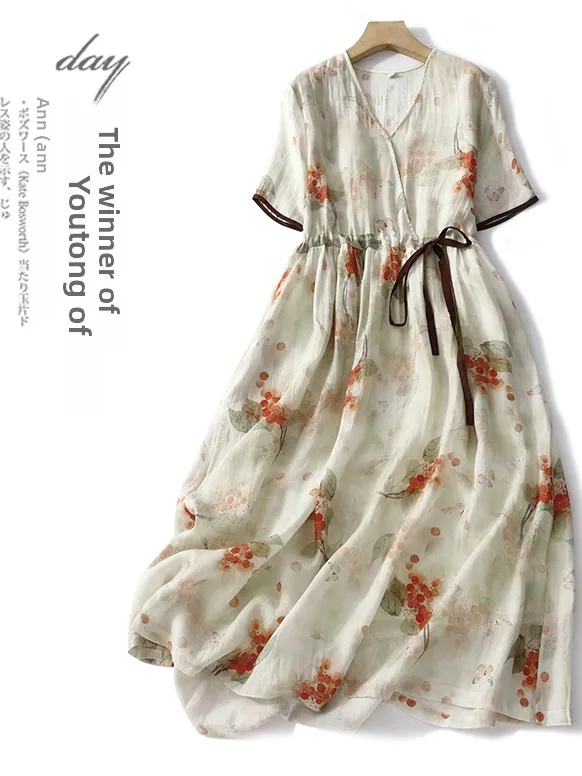 

Женское платье макси с V-образным вырезом и принтом, весна-лето, большие размеры, стройнящее, художественное, А-силуэт, повседневное