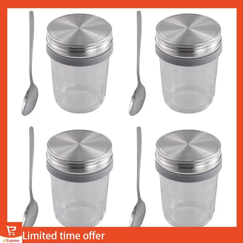 

Fresh Mason Jars For Overnight Oats 4 Pack 350Ml Overnight Oats Jar With Spoons & Airtight Stainless Steel Lids Breakfast Pots