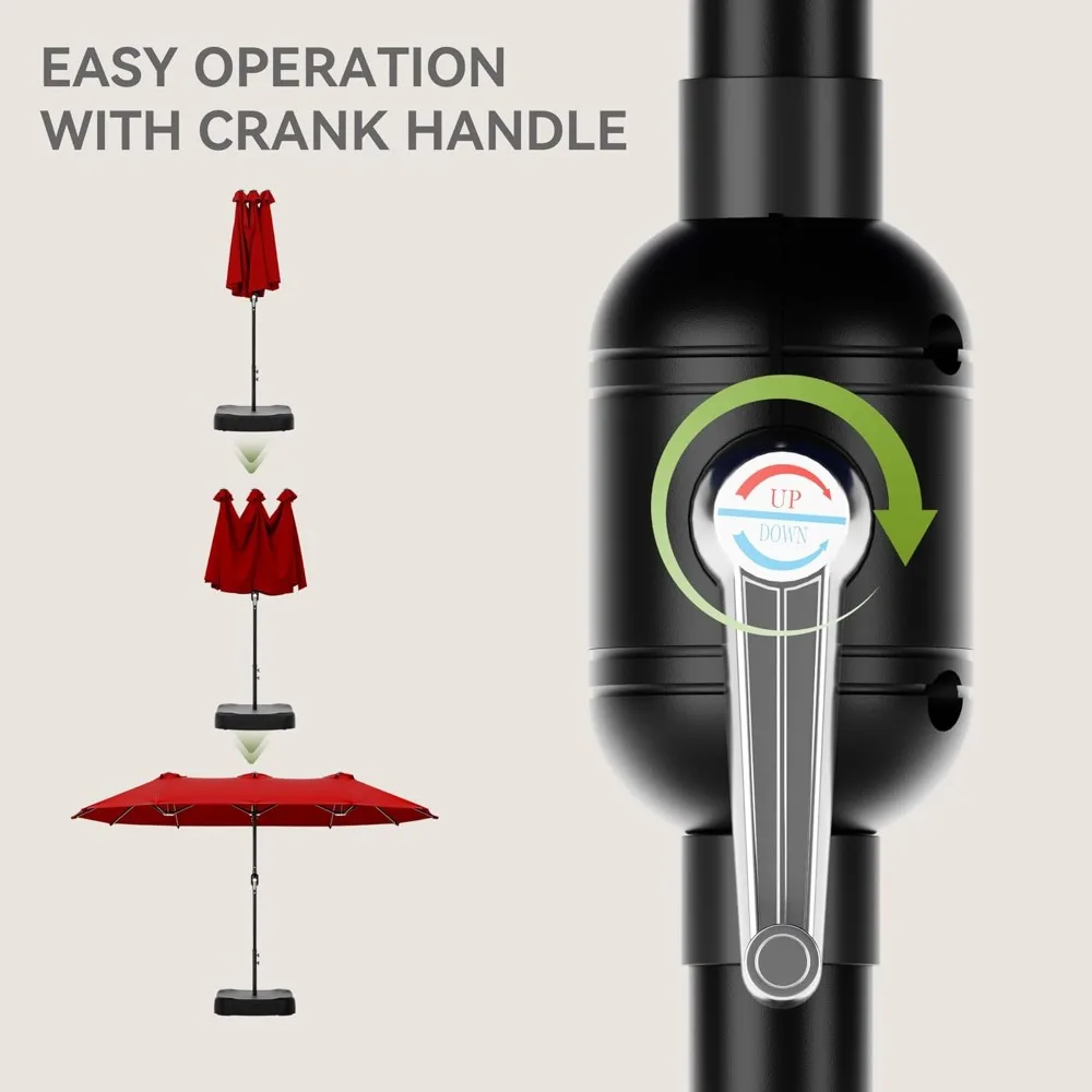 مظلة فناء بطول 15 قدم مع قاعدة متضمنة، مظلة سوق مزدوجة الجوانب للاستخدام الخارجي في الفناء الخلفي مع مقبض كرنك، للفناء الخلفي للحديقة والشاطئ