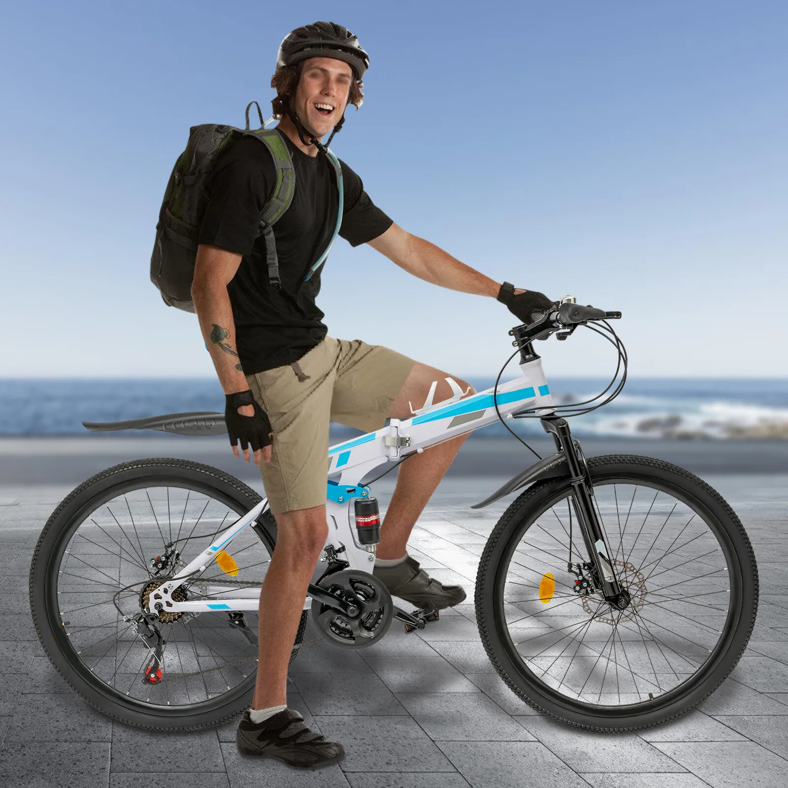 Mountain bike blu e bianco con accessori completi: sella ergonomica in spugna e cavalletto robusto, include manuale inglese