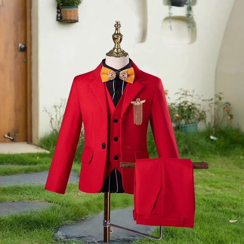Flower Boys Red Wedding Suit Kids 3Piece/Set Jakcet Vest Pants Birthday Dress Children Graduation Photograph Performance Costume