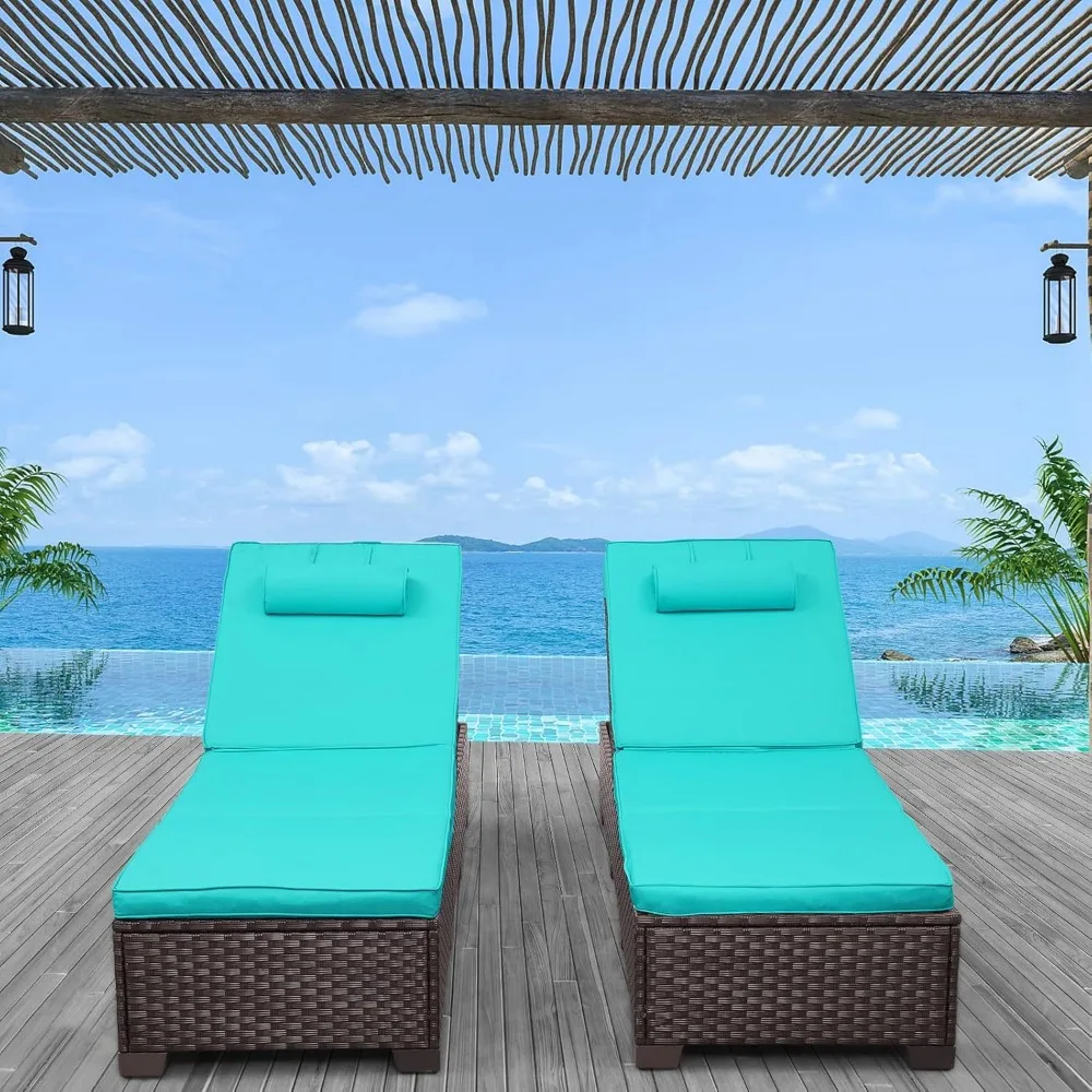 Outdoor PE Wicker Chaise Lounge Set, Patio Lounge Chairs, Outside Pool Lounger Furniture Set of 2, Brown Rattan Recliners