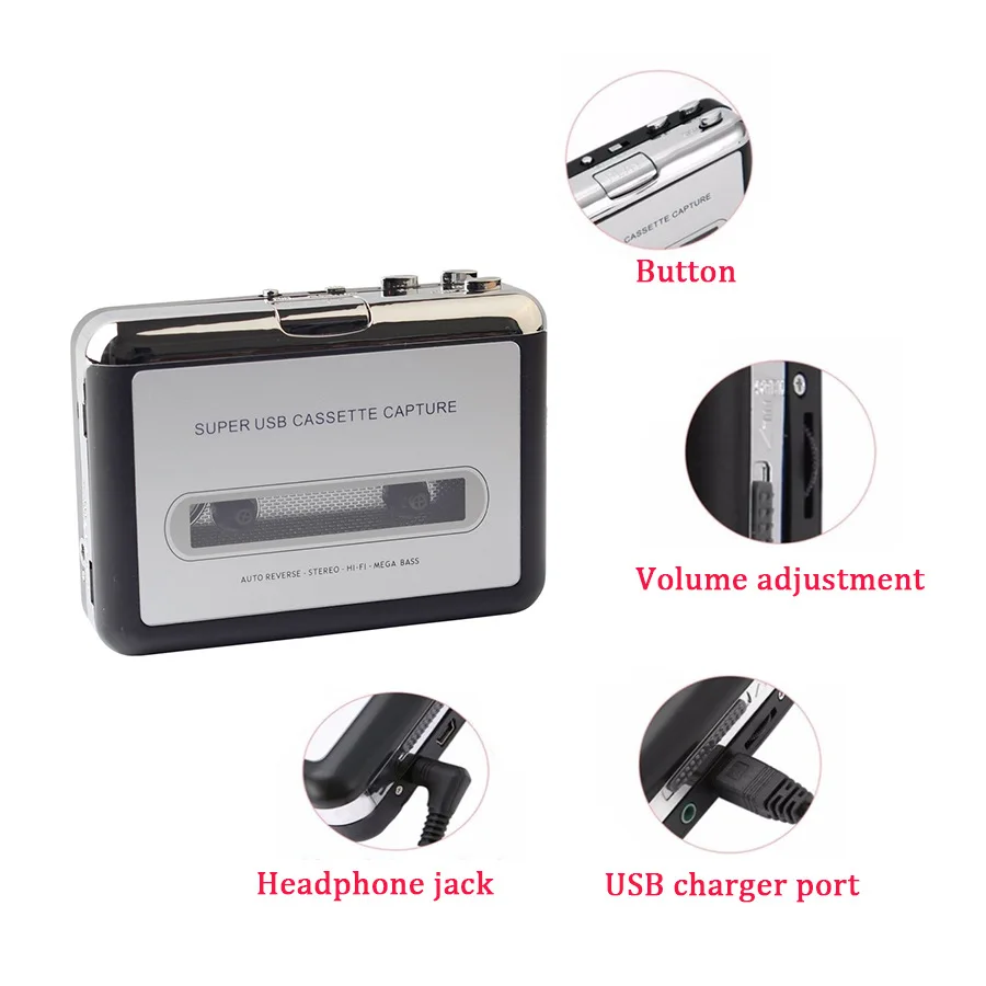 USB Cassette Capture Radio Player Portable USB Cassette Tape to MP3 Converter Capture Audio Music Player Tape Cassette Recorder