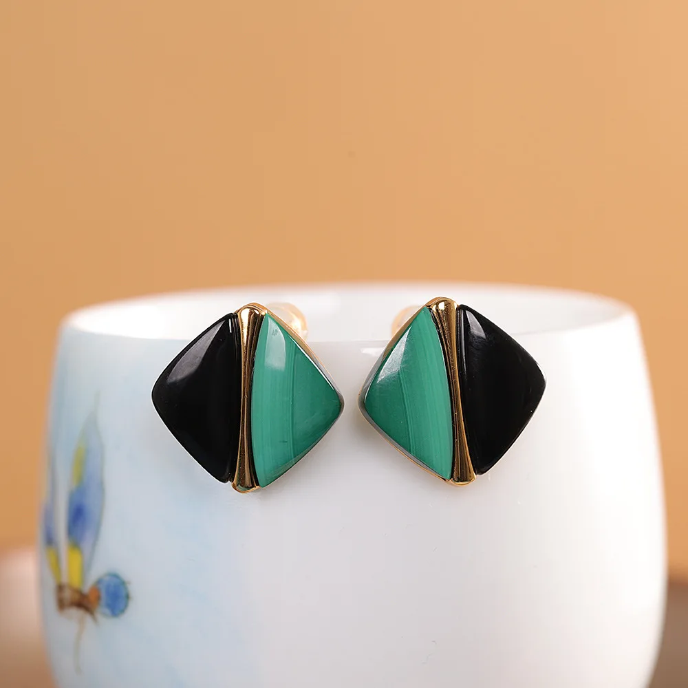 1PCS Spliced Black Agate Green Malachite Jewelry Sets Women Irregular Square Malachite Studs Earrings Pendants Necklace NO Chain
