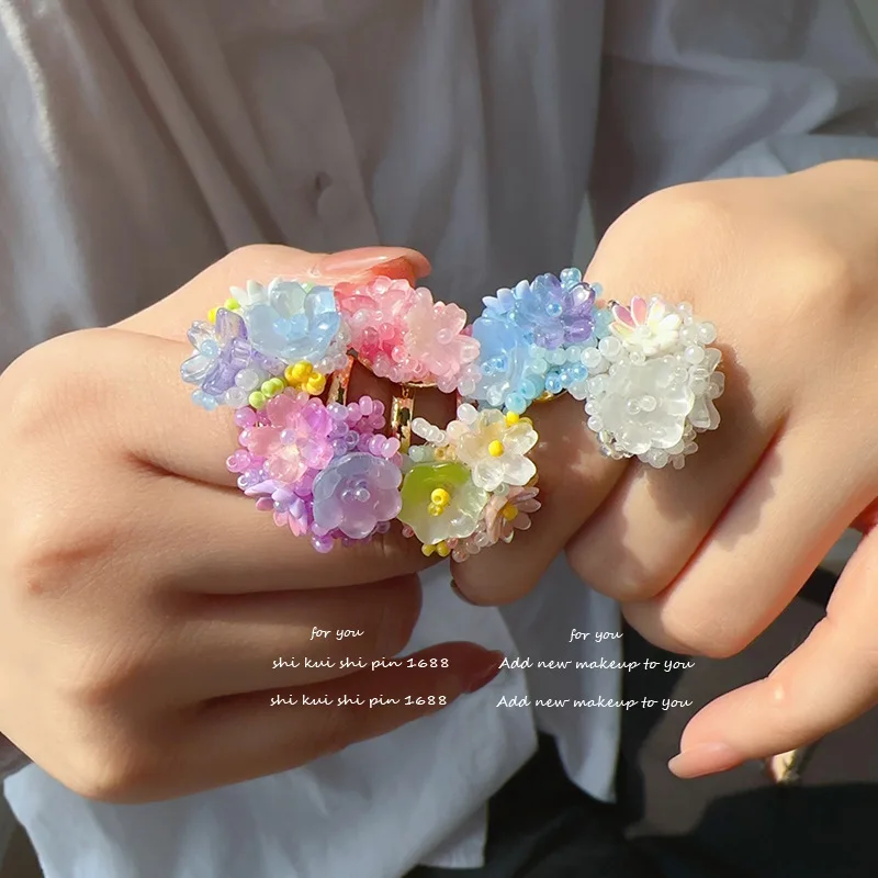 Colorful Soul Autumn Sweet Flower Ring Opening Adjustable Lolita Stacked Wear Wind Small Fresh Beaded Ring