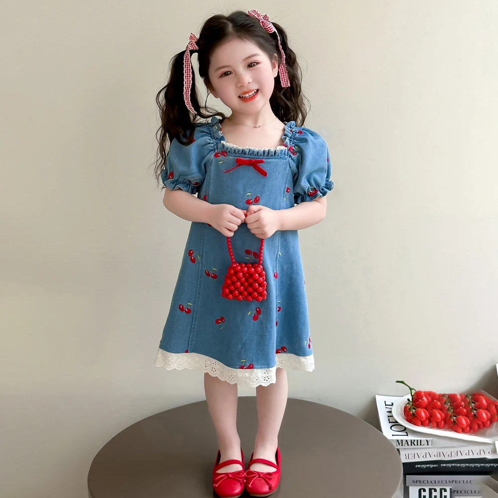 

Sweet Girls Embroidery Cherry Denim Dress Summer Short Puff Sleeve Lace Thin Jean Dress Casual Girls Princess Dress
