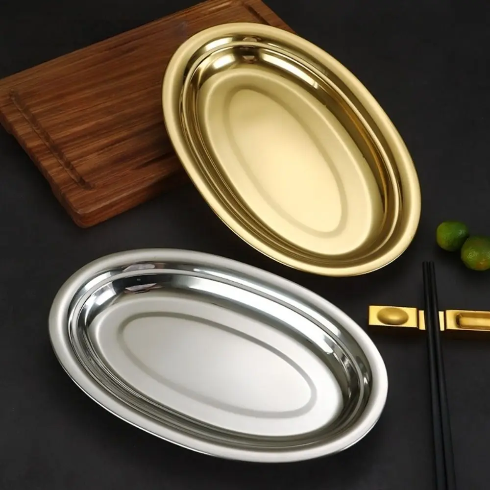 New Korean Style Steamed Fish Plate Stainless Steel Gold Silver Barbecue Plate Flat Surface Oval Shape Dining Plate Kitchen Use
