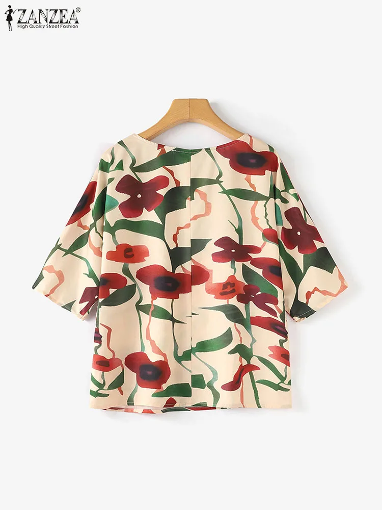 ZANZEA Casual Bohemian Floral Print Tops Tunics Women Fashion Blouses Summer Half Sleeve Shirts Korean Holiday Round Neck Blusa