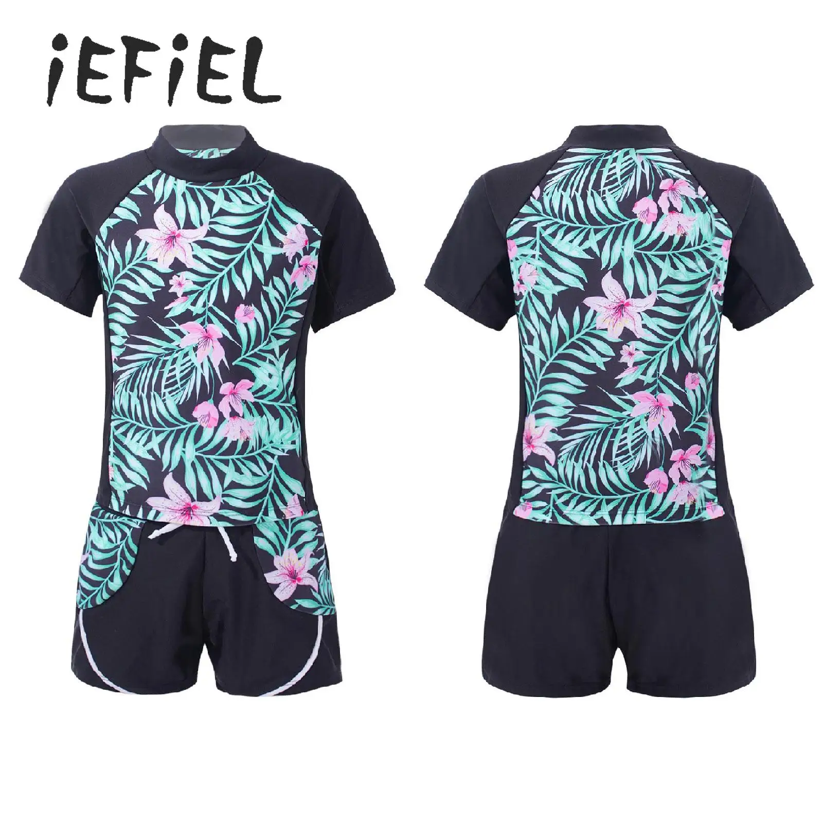 Kids Girls 2 Piece Rash Guard Set Short Sleeve Floral Print Shirt Tops with Booty Shorts Tankini Swimsuit Swimwear Bathing Suits