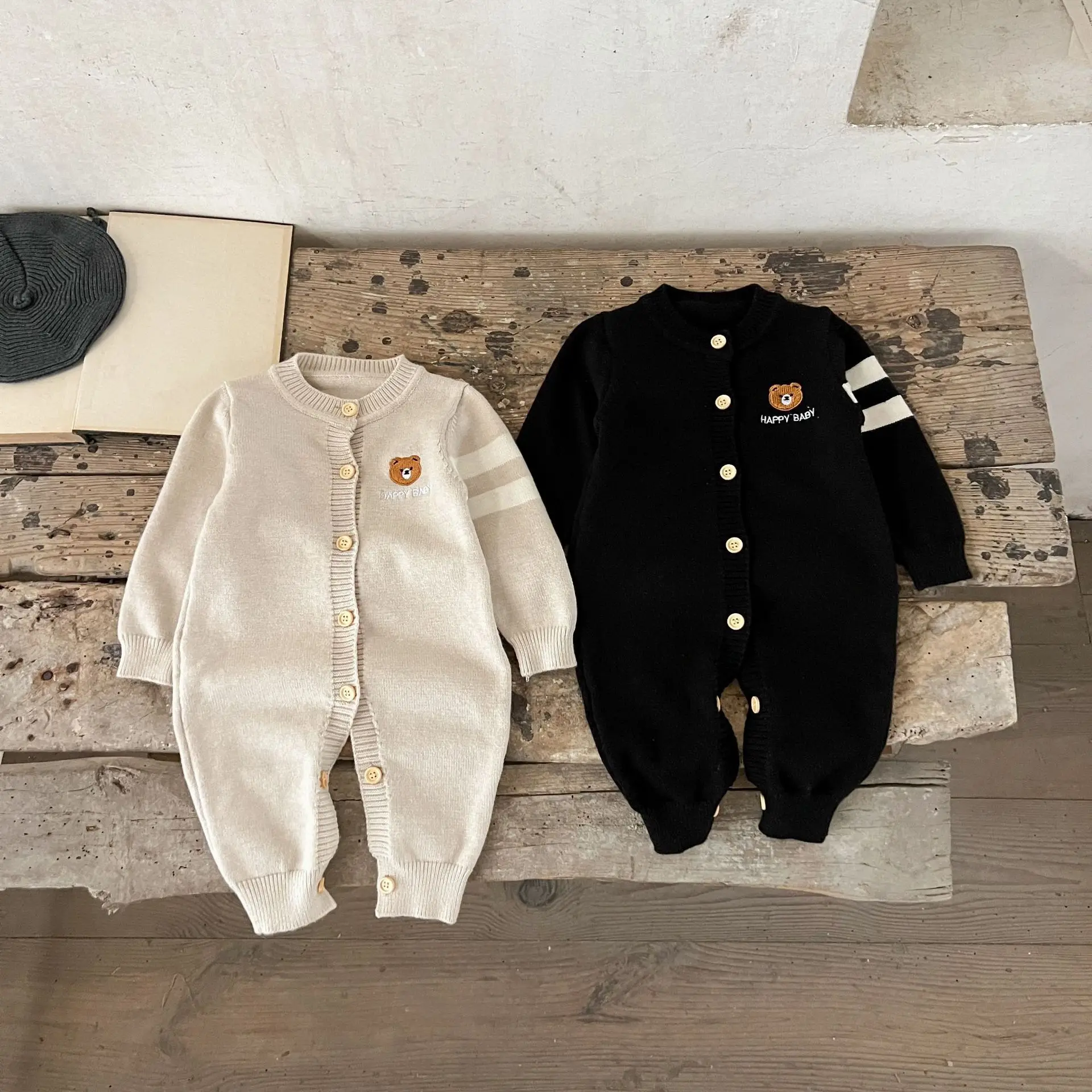 Ins Autumn Newborn Girl Bodysuit Cotton Bear Printed Long Sleeve Baby Girl Jumpsuit Loose Embroidery Toddler Girl Knitted Romper