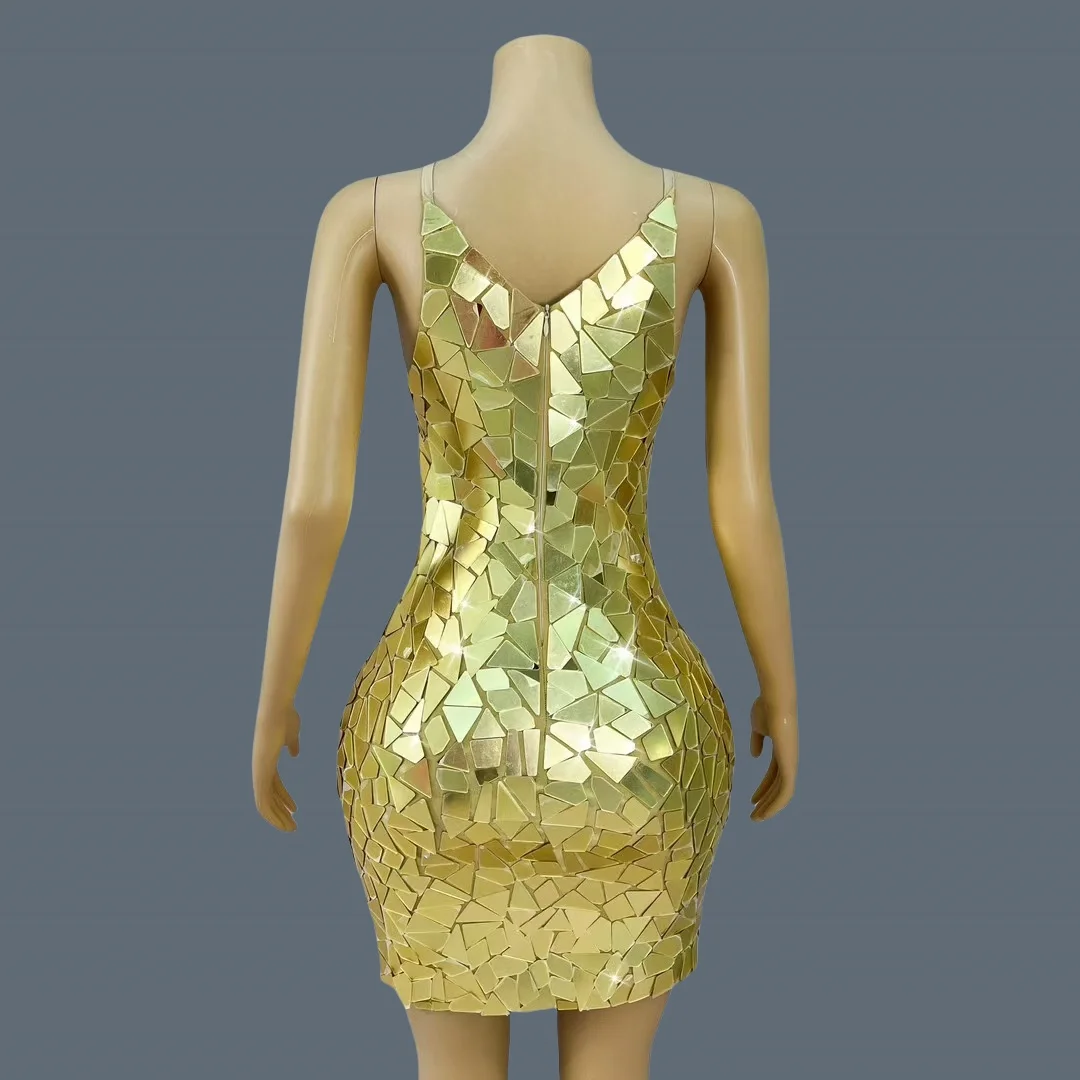 Sparkly Golden Sequins Strap Mini Dress for Women Birthday Celebrate Party Bodycon Dress Club Stage Show Dress Chajianjingpian