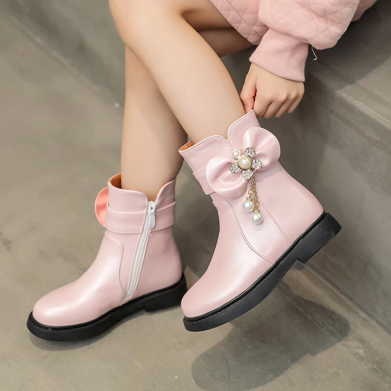 

New Luxury Fashion Ankle Boots Girls Princess Fashion Winter Lining Plush Warm Children Chelsea Boots Baby Toddler Shoes Kids