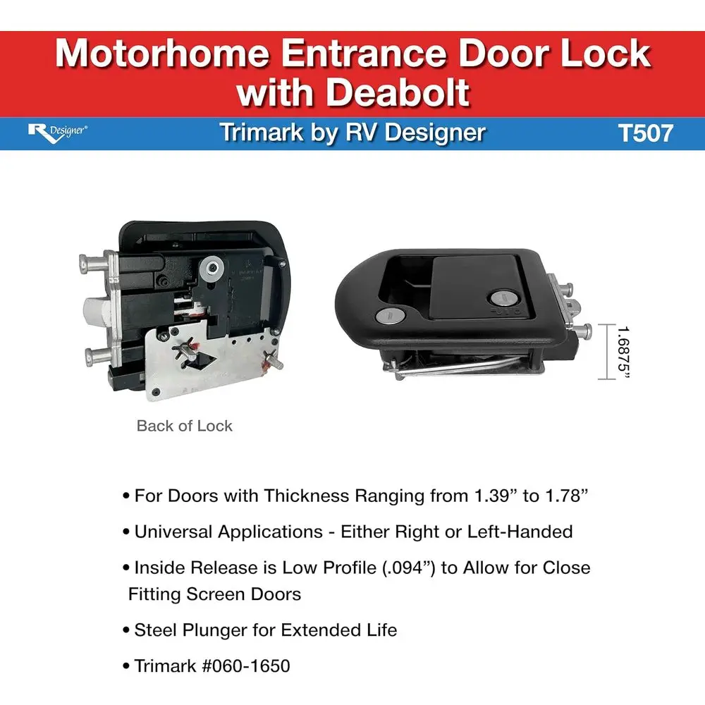 RV Designer T507 TriMark Motorhome Entrance Door Lock with Deadbolt - Fit for 1.38-1.58” RV Motorhome Doors - Right/Left-Hand Us