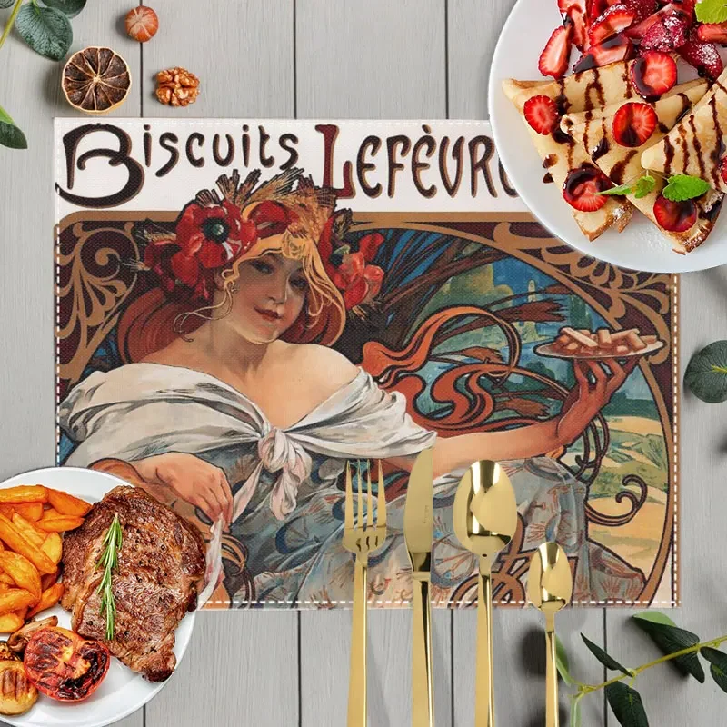 Oil Painting By Alphonse Mucha Print Placemat for Dining Table Coffee Cup Coaster Placemat Kitchen Accessories Dish Drying Pads