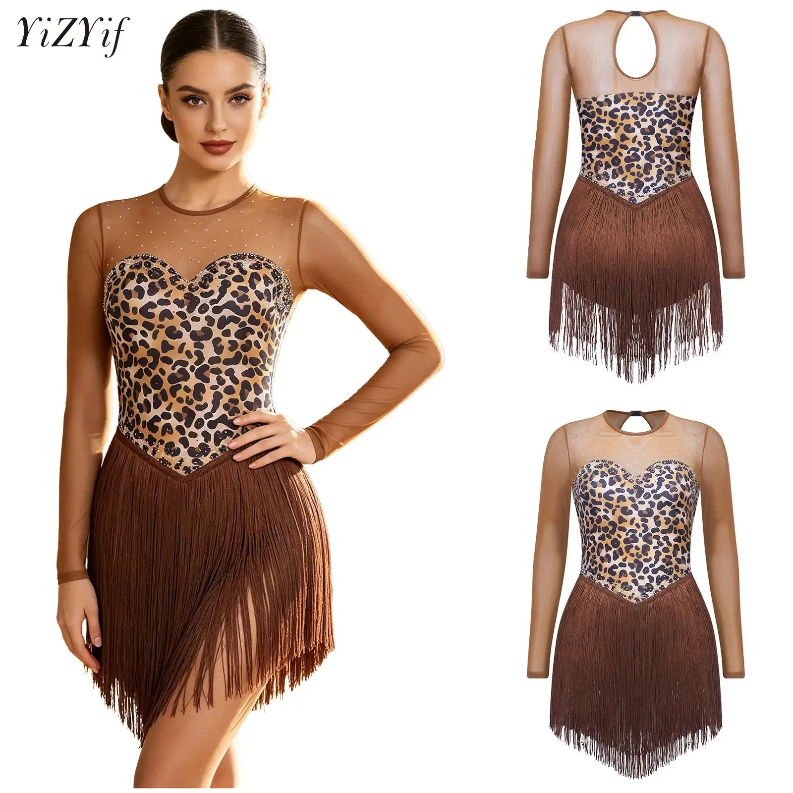 Female Leopard Printed Fringe Latin Dance Dress Adult Women Tassels Stage Performance Dance Wear Cha Cha Samba Slip Dress