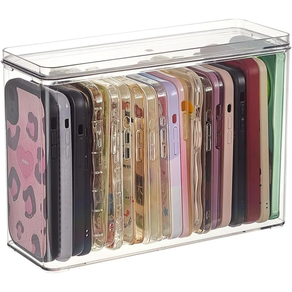 

Clear Stackable Phone Case Organizer 10x3.58x7.2inch| PET Plastic Multifunctional Storage Box with Lid for Desk Organization