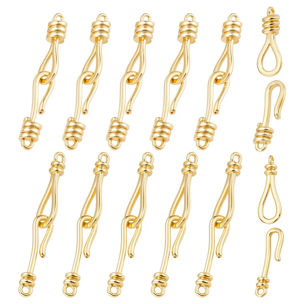 

12Pcs 2 Styles Brass Hook and S-Hook Clasps Real 18K Gold Plated 32~33mm Hole: 1~1.4mm 6pcs/style