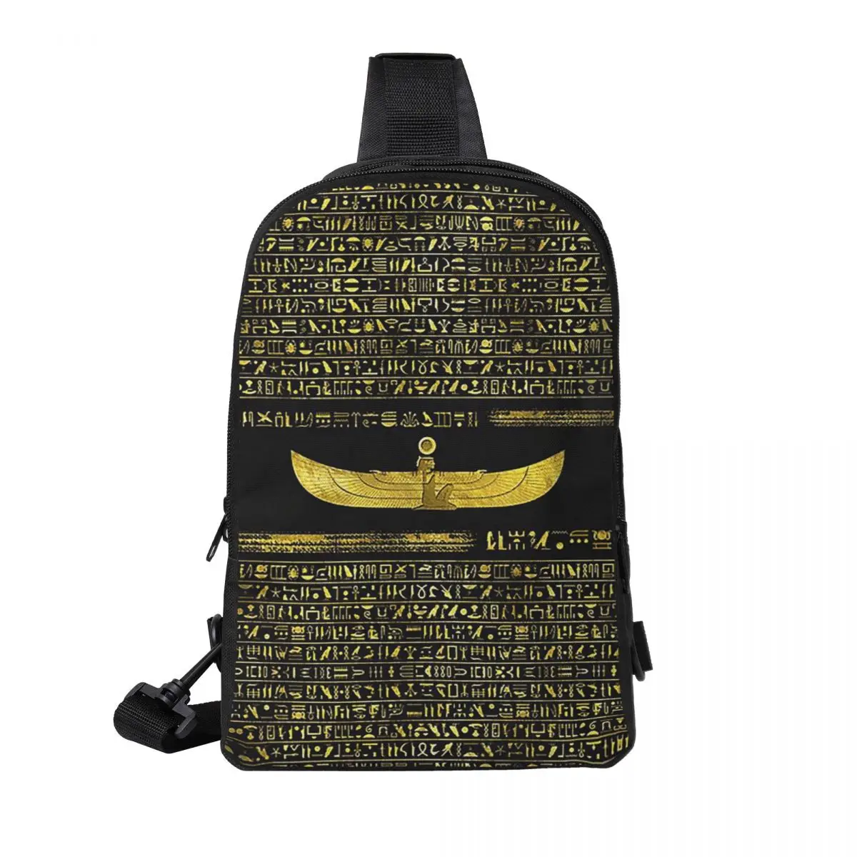 

Golden Egyptian God Ornament On Black Leather Chest Bag Men Sling Crossbody Backpack Chest Bag Hiking Daypack Shoulder Bag