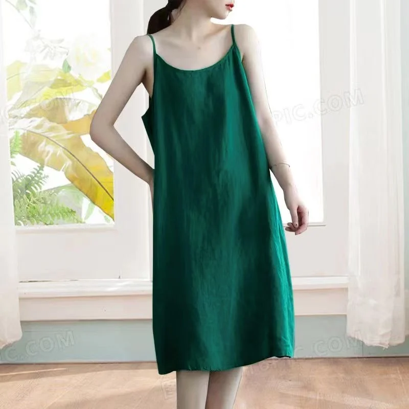 Women Casual Loose Strap Dress Retro Elegant Soft Cotton Linen Dress Sleeveless A-Line Straight Beach Holiday Dress Summer Thin