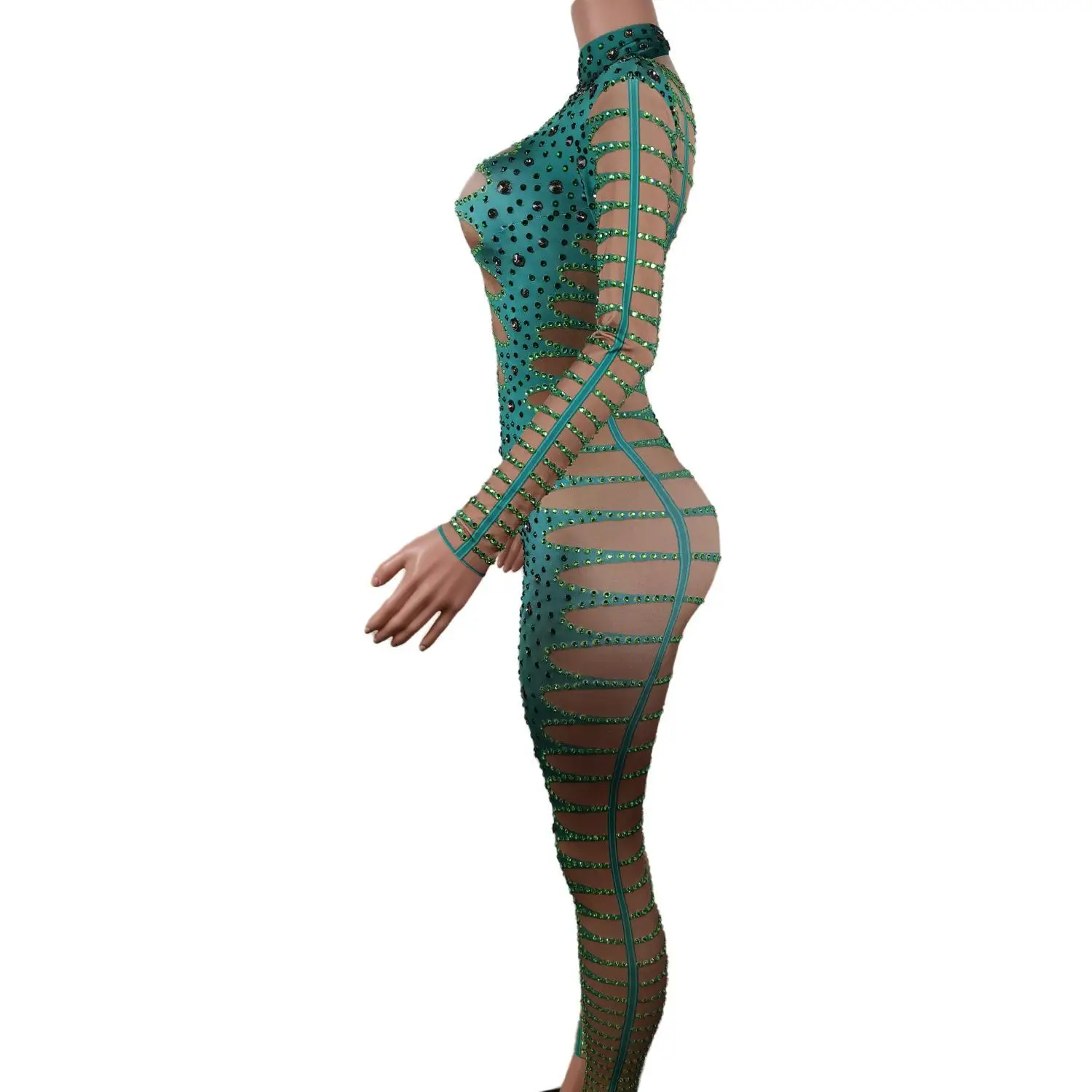 Woman Green Rhinestones Jumpsuit Nightclub Dancer Prom Performance Celebrate Outfit Evening Birthday Party Dresses Lvyecao