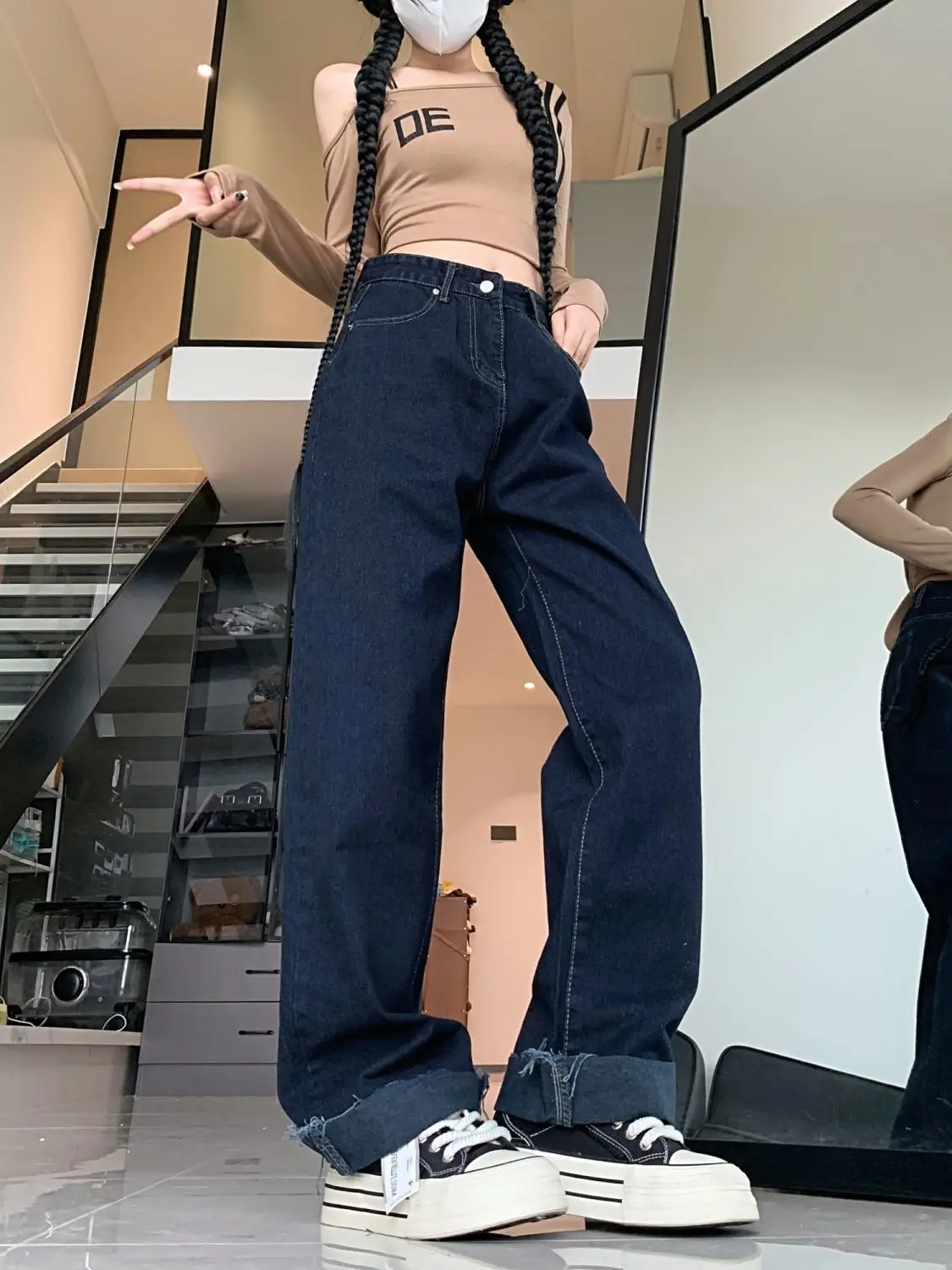 

Женские прямые темно-синие джинсы с высокой талией, джинсы весна-осень, крутые повседневные брюки для девочек, женские брюки, широкие джинсовые брюки