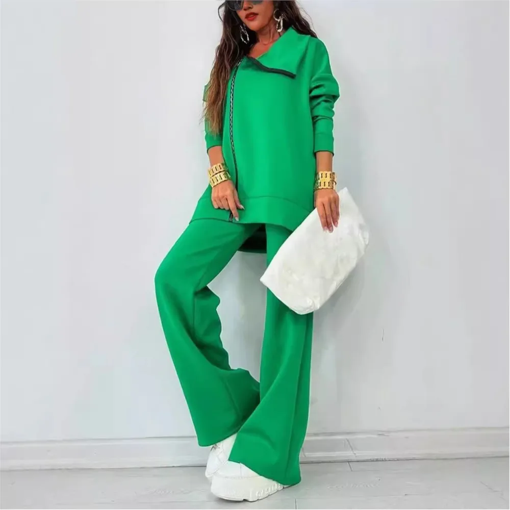 Fashion Zipper Lapel Casual Long Sleeved Hoodie Women\'s Suit Winter New Loose Wide Leg Pants Female Elegant Office 2 Piece Set