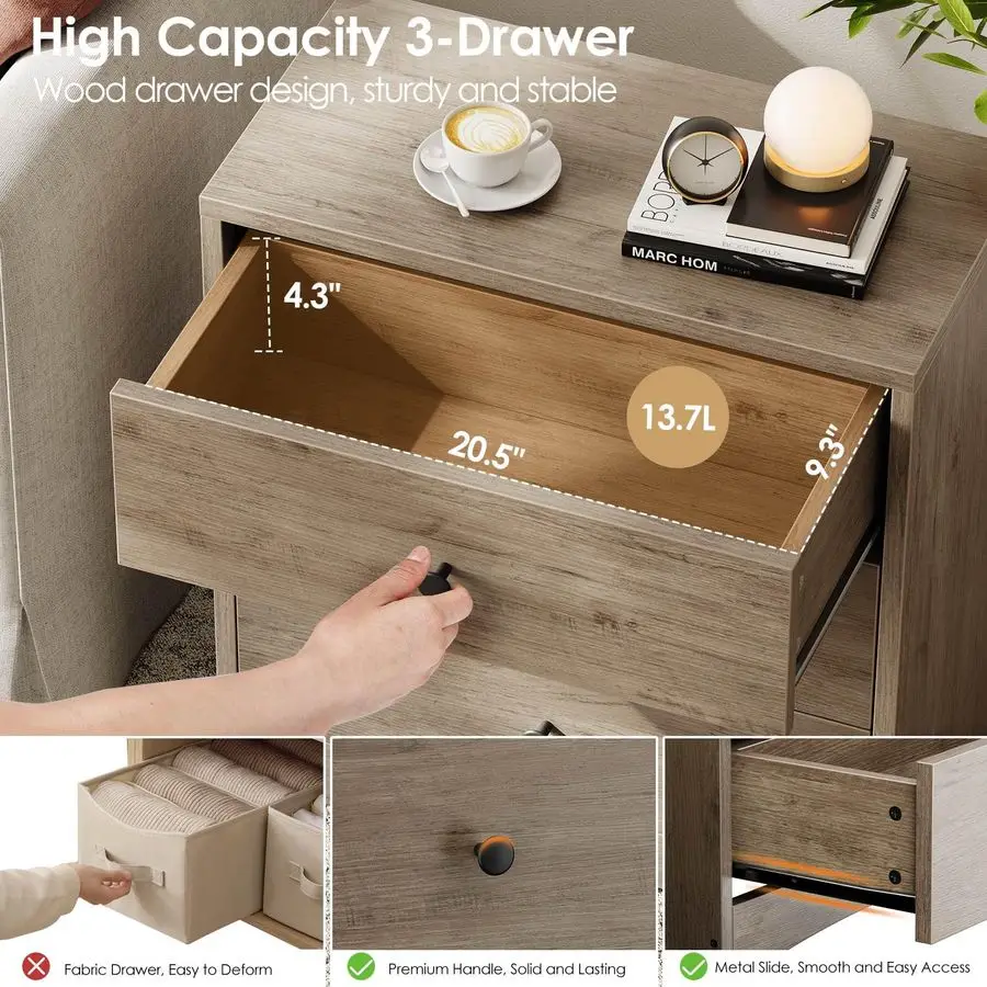 Mesitas de noche, mesita de noche de madera de granja con 3 cajones de almacenamiento, cómoda pequeña de madera, mesita de noche para Be