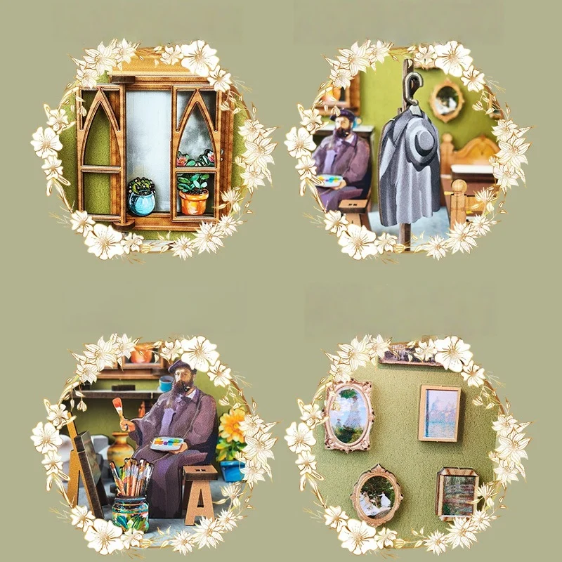 OUZEY Impressionist Art Studio DIY، غرفة خشبية مصغرة ثلاثية الأبعاد، مجموعة أدوات رسام Atelier للمراهقين #4