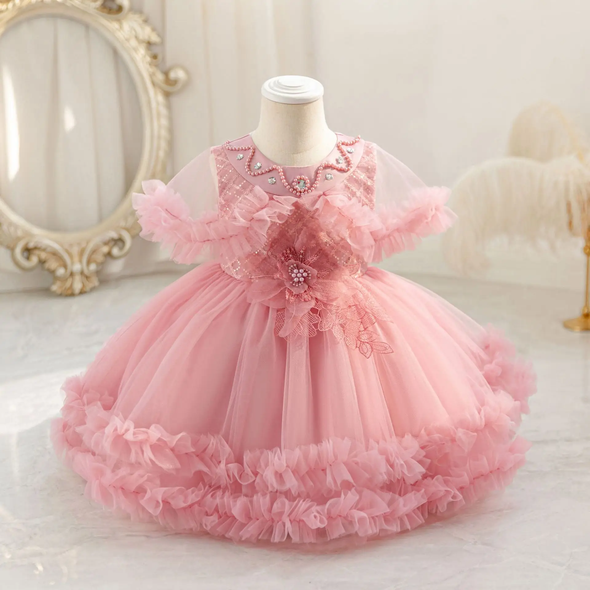 Kid's Princess Party Ball Gown Beading Lace  Baby Fashion Yarn Dress 0-4Y Wedding banquet host fashion high-end performance Gown